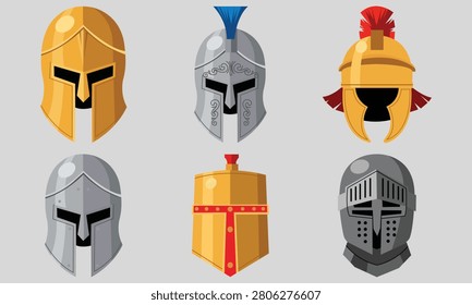 Ancient Warrior Helmet Collection Illustration Featuring Historical Protective Armor Designs Inspired By Classical Military Equipment And Cultural Heritage Themes