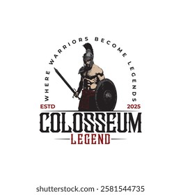 Ancient warrior in helmet logo - sword and shield, strong Spartan or Roman soldier vector design