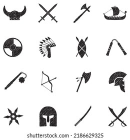Ancient Warrior Icons. Black Scribble Design. Vector Illustration.