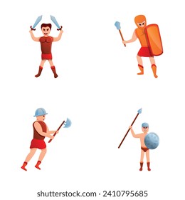 Antike Krieger-Symbole setzen Cartoon-Vektorgrafik. Legionäre Soldaten in Rüstung und Waffe. Historischer Charakter, Gladiator