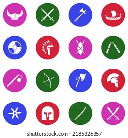 Ancient Warrior Icons. White Flat Collection In Circle. Vector Illustration.