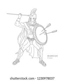 ancient Warrior linear illustration in full armor with spear and shield, in protective pose