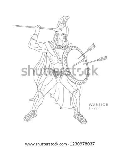ancient Warrior linear illustration in full armor with spear and shield, in protective pose