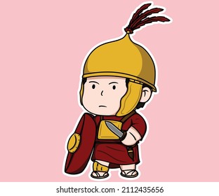 Ancient Warrior Roman Empire Stand With Weapon Cartoon illustration 