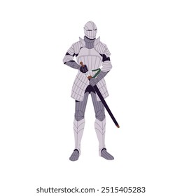 Ancient warrior of Spain army in helmet. Medieval Spanish knight in metal armour holds sword in hands. Historical soldier in steel armor with weapon. Flat isolated vector illustration on white
