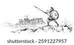 ancient warrior with spear and shield overlooking city in sketch style
