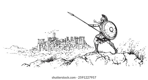 ancient warrior with spear and shield overlooking city in sketch style