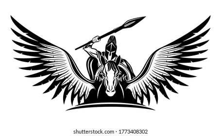 Ancient warrior with a spear and a shield riding a Pegasus