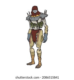 Ancient warrior that looks like death, colored outline drawing. Hand drawn game character in well known pose, pen drawing. Simple first person game hero that every gamer like, single illustration.