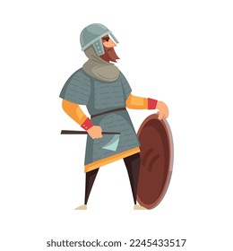 Ancient warrior viking with axe and shield flat vector illustration