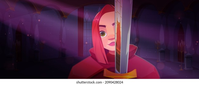 Ancient Warrior Woman, Medieval Female Knight, Heraldic Soldier With Sword, Guard With Blade In Red Cape. Young Ginger Girl Fighter Portrait In Royal Palace, Cartoon Character, Vector Illustration