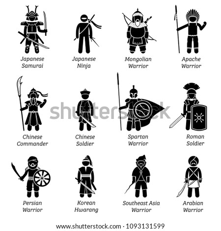 Ancient warriors around the world. Illustrations depict ancient soldiers, military, fighters, outfit, wear, weapon, and armors of different dynasty and empires throughout the history. 