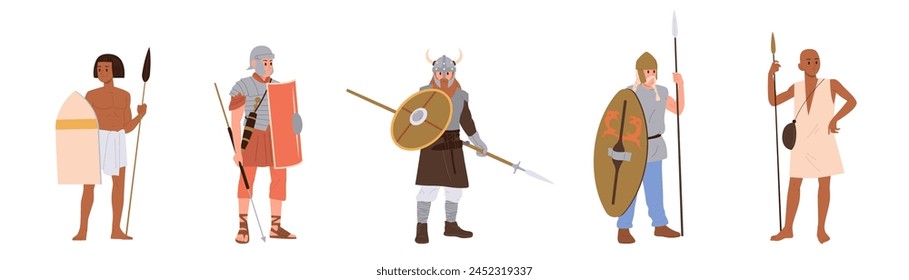 Personajes de dibujos animados de antiguos guerreros sosteniendo armas tradicionales y escudos aislados en blanco
