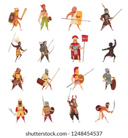 Ancient warriors icons set with weapons and equipment flat isolated vector illustration