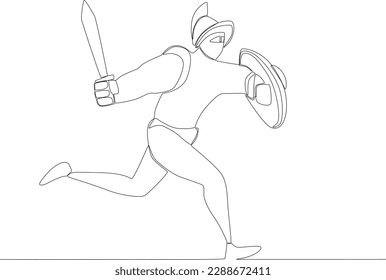 Ancient warriors run into the battlefield. Ancient warrior one-line drawing