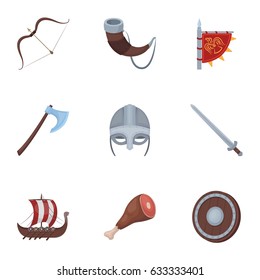 Ancient warriors of the Vikings on the ship. Outfit and symbols of the Vikings.Vikings icon in set collection on cartoon style vector symbol stock illustration.