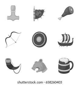 Ancient warriors of the Vikings on the ship. Outfit and symbols of the Vikings.Vikings icon in set collection on monochrome style vector symbol stock illustration.