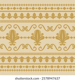 Ancient Wealth Flourish Detailed Elaborate Rich Pattern with Gold Tone Decoration. Beautiful Highness Golden Silk Embroidery Seamless Border Luxury Design for Scarf Men's Wear Necktie Apparel Vector.