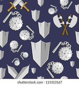 Ancient weapon cartoon background. Colorful seamless vector pattern.