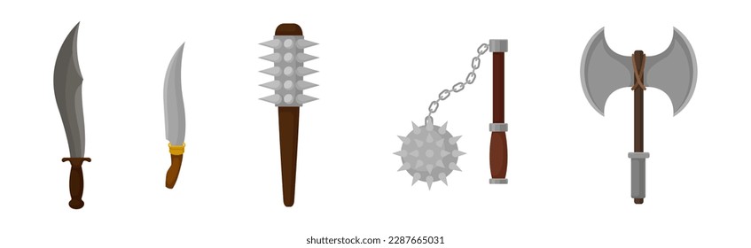 Ancient Weapon with Dagger, Ball-and-chain Flail, Morning Star and Axe Vector Set