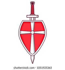 Ancient weapon and protective equipment. Scandinavian medieval shield sword. An icon for the website. Crusader's board.Military equipment of soldiers. Concept design tattoo. Flat vector.