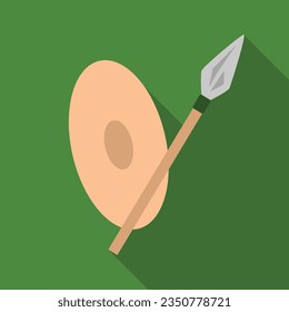 Alte Waffe mit Schild und Stein Speer flach Symbol mit langem Schatten. Einfache Historie Symbol Piktogramm Vektorgrafik.  Alt, Steinalter, Paläolithikum, Vorgeschichte, Geschichtskonzept. Logo-Design