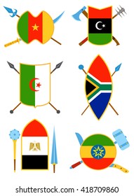 Ancient weapon, shields with African flags. Also tool equipment set. Melee cold weapon and country set.