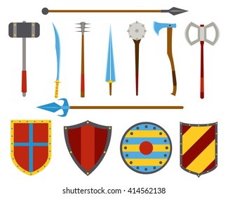 Ancient weapon and shields tool equipment set. Melee cold weapon. Heraldic shields.