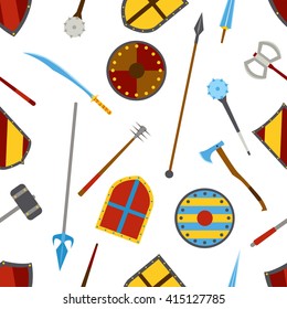 Ancient weapon and shields tool equipment pattern. Melee cold weapon. Heraldic shields.
