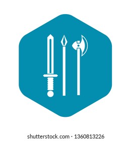 Ancient weapon sword, pick and axe icon in simple style isolated on white background. Tool symbol