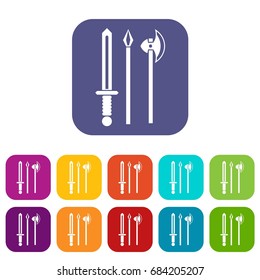 Ancient weapon sword, pick and axe icons set