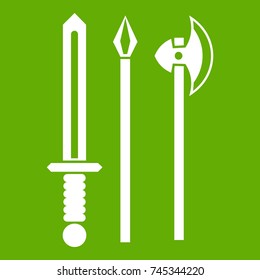 Ancient weapon sword, pick and axe icon white isolated on green background. Vector illustration