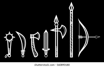 Ancient weapon the white contour on a black background