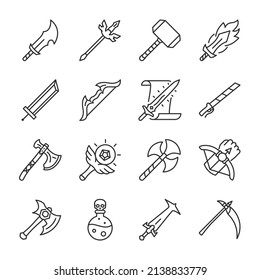 Iconos de armas antiguos están listos. Espada, martillo, hacha, ballesta, artefactos mágicos, arco, colección de iconos.  Línea con trazo editable