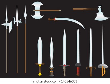 Ancient weapons set, sword and axe vector