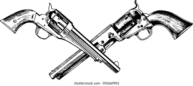 ancient weapons of the wild West, drawn with ink on a white background
