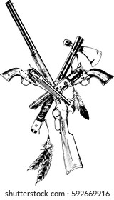 ancient weapons of the wild West, drawn with ink on a white background