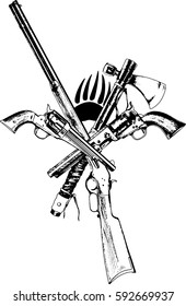 ancient weapons of the wild West, drawn with ink on a white background