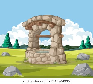 Ancient well amidst tranquil nature scene illustration.