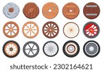 Ancient wheel. Wooden wheelbarrow, rusty wagon and old stone wheels. Retro car tires cartoon vector game design assets set of antique wood wheel, old and ancient illustration