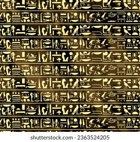 Ancient white egyptian hieroglyphs alphabet pattern over dark brown water color effect background seamless pattern