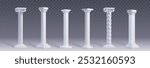 Ancient white marble roman column of different shapes and ornament for Greek architecture building design. 3d vector set of temple and castle pillar elements for facade or porch colonnade decoration