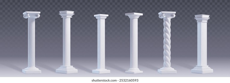 Ancient white marble roman column of different shapes and ornament for Greek architecture building design. 3d vector set of temple and castle pillar elements for facade or porch colonnade decoration