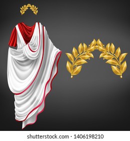 Antiguo toga blanca en túnica roja y laurel dorado era 3d vector realista aislado en fondo negro. Emperador del imperio romano, glorioso ciudadano republicano, famosa vestimenta filosofal, símbolo triunfal