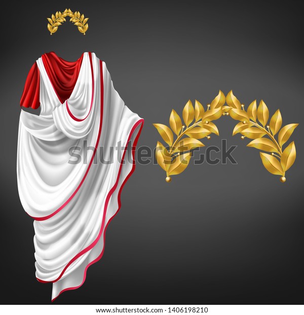 Ancient white toga on red tunic and golden laurel\
wreath 3d realistic vector isolated on black background. Roman\
empire emperor, glorious republic citizen, famous philosopher\
clothing, triumph\
symbol
