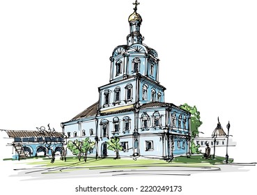 Iglesia ortodoxa de piedra blanca antigua - dibujo a mano
