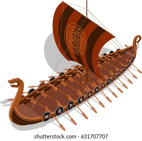 the ancient wind-driven ship of vikings is in an isometric projection