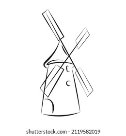 Antiguo molino de viento, ilustración plana en blanco y negro en estilo de arte lineal