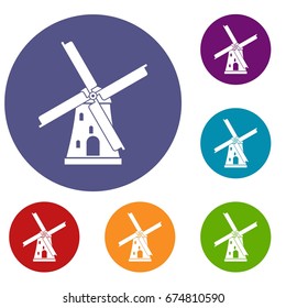 Ancient windmill icons set in flat circle reb, blue and green color for web