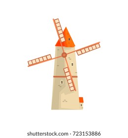 Ancient windmill, medieval stone building cartoon vector Illustration